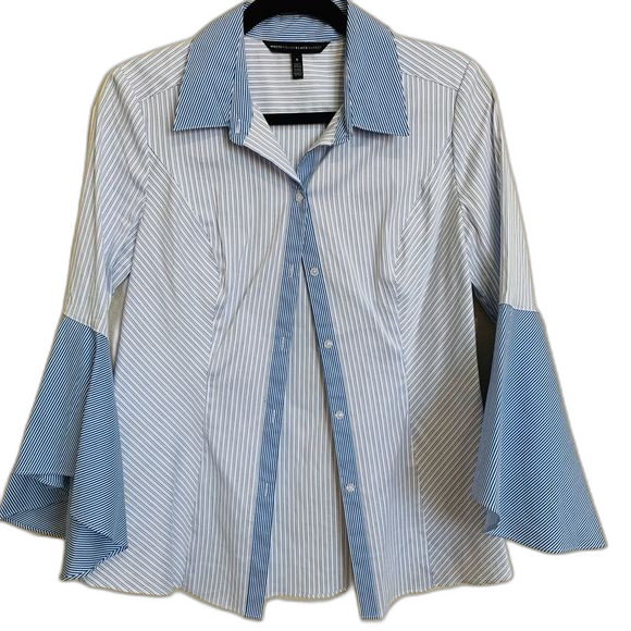 White House Black Market blue top  Sofia stripe button up collar shirt size 8 - Picture 1 of 14
